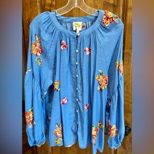 Fig and Flower Blue Long Sleeve Flowy Top with Flower Appliqués